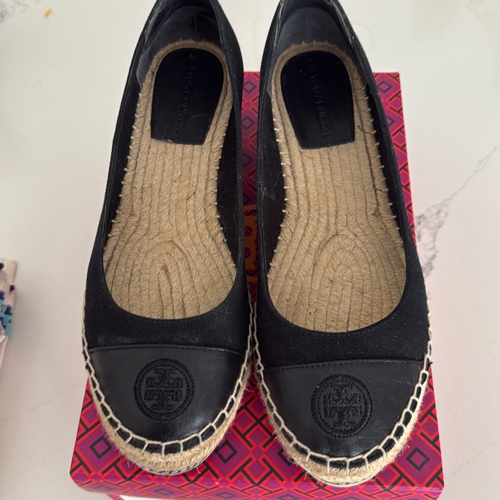 Tory Burch Size 10 M Black Wedge Canvas Espadrille (Gently Worn)